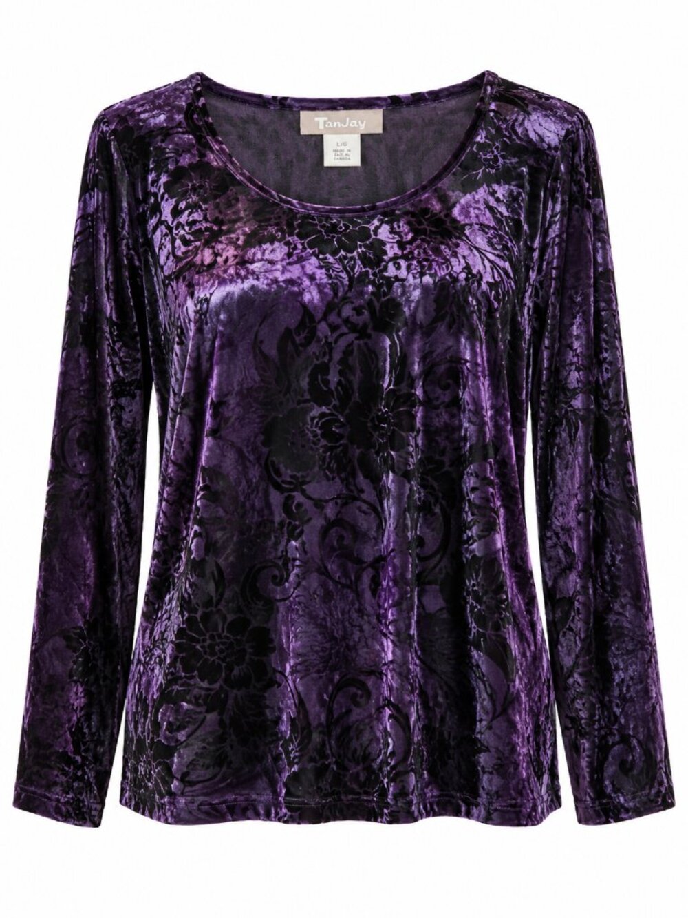 TanJay Purple Black Floral Burnout Velvet Long Sleeve Top Size Large
